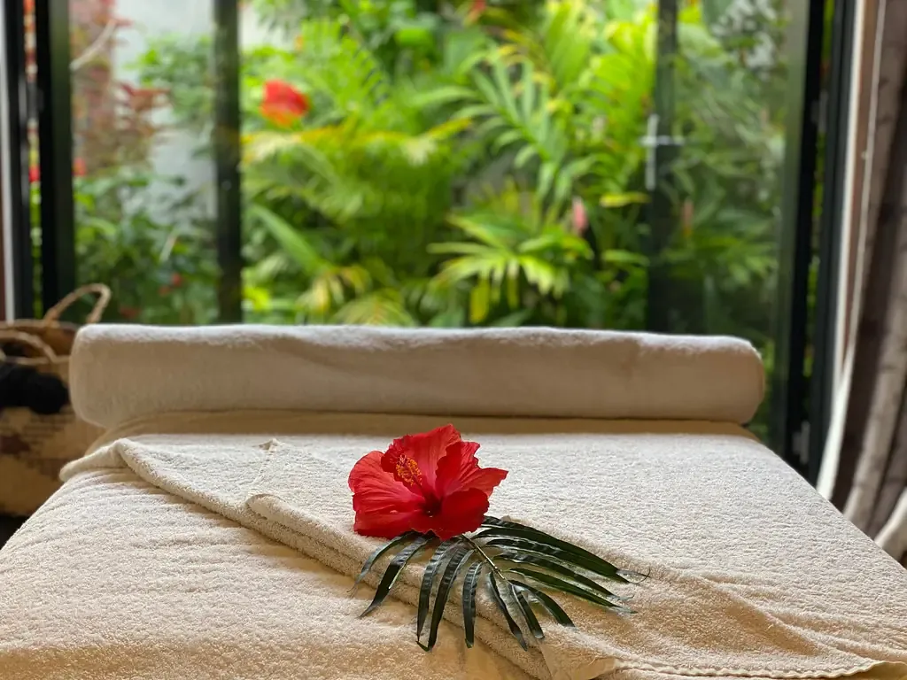 Ruang spa dengan ranjang berlapis handuk putih, bunga merah di atasnya, jendela menghadap tanaman hijau